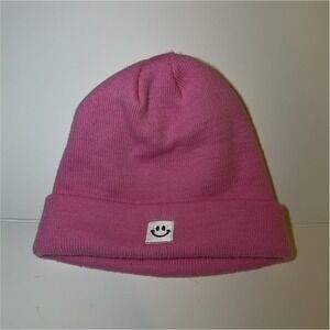 Pink Knit Beanie Smiley Face Patch Y2K Streetwear One Size